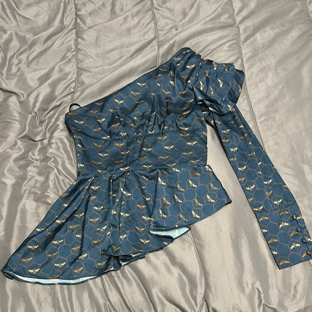 Bebe Blue and Gold One-Shoulder Blouse